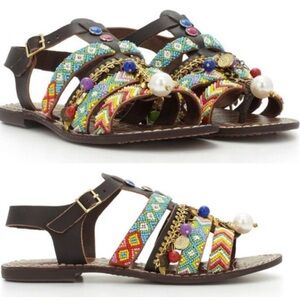 Sam Edelman Brown Leather Multicolor Beaded Gladiator Sandals